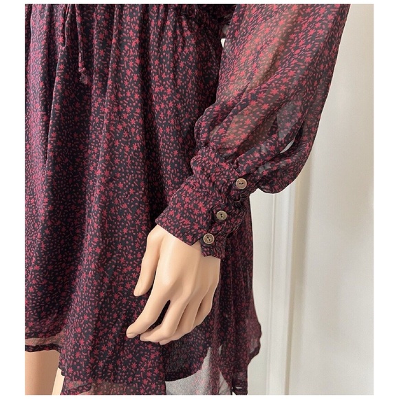 CLEOBELLA Dark Red Kelly Mini Chiffon Dress Long Sleeve V-Neck - Size Small - Picture 2 of 9